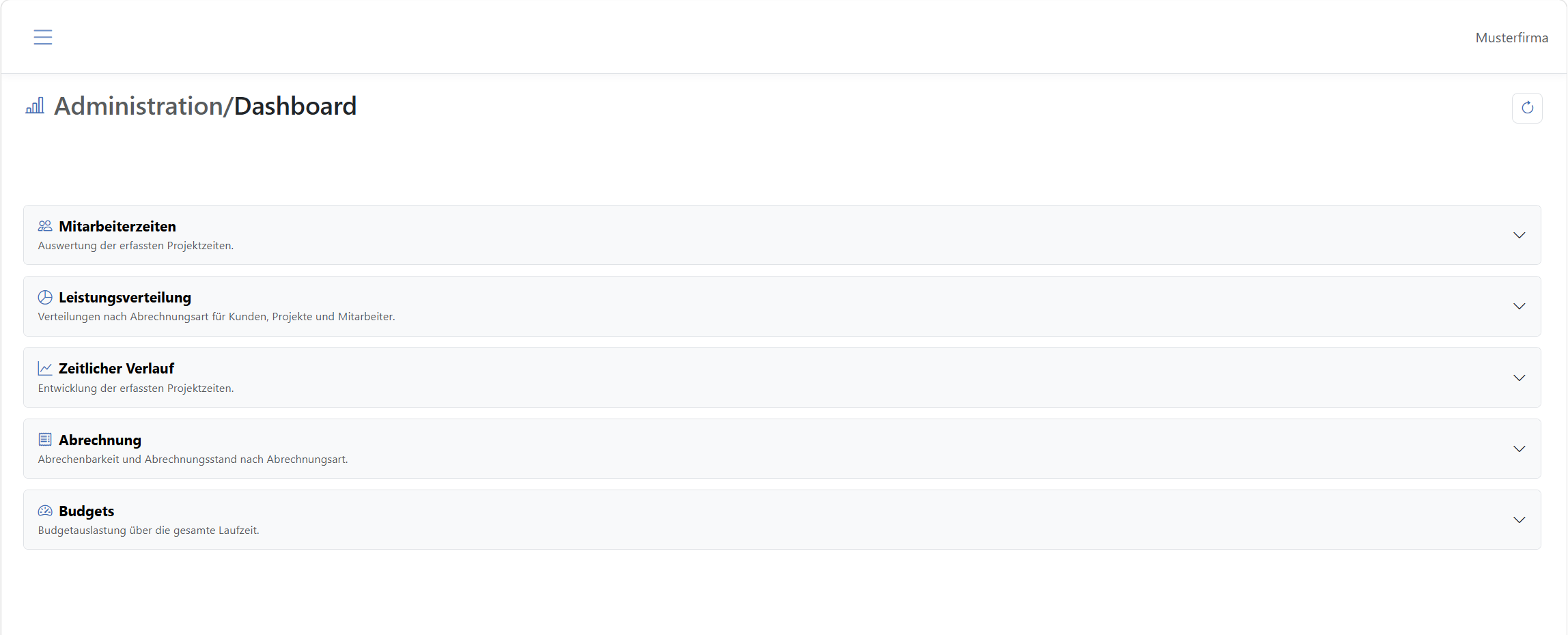 Administrations-Dashboard mit den verfügbaren Auswertungsbereichen.